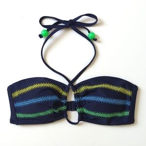 Aerie Classic Embroidered Halterneck Keyhole Bandeau Swimsuit Bikini Top Navy M